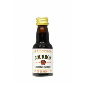 Zaprawka Bourbon to płyn o ciemnej barwie w małej, przezroczystej butelce z etykietą. Butelka ze złotą zakrętką.