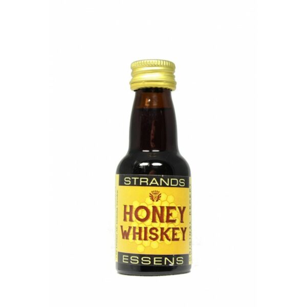 Zaprawka Honey Whisky to esencja o ciemnej barwie w małej, przezroczystej butelce z etykietą. Butelka ze złotą zakrętką.
