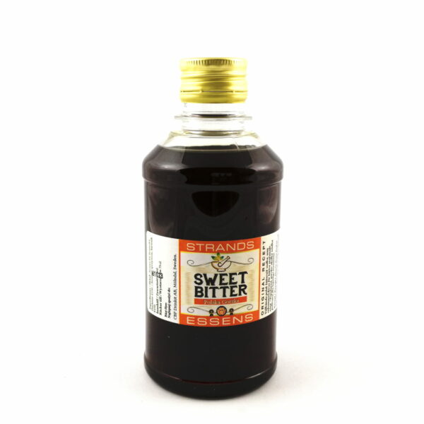 Zaprawka Sweet Bitter - Polska Gorzka to esencja o ciemnej barwie w przezroczystej butelce z etykietą. Butelka ze złotą zakrętką.