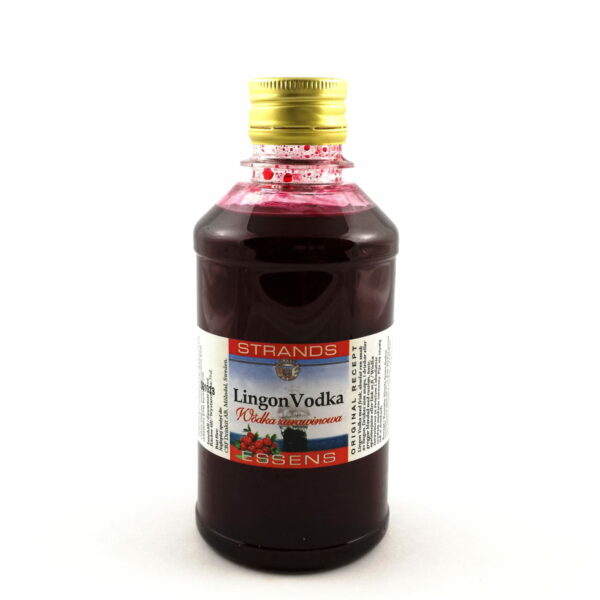 Zaprawka Żurawinowa to esencja o ciemnej, wiśniowej barwie w przezroczystej butelce z etykietą. Butelka ze złotą zakrętką.